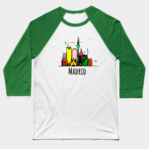 Colorful Madrid Tourist Cartoon Spain Souvenir Baseball T-Shirt by DimDom